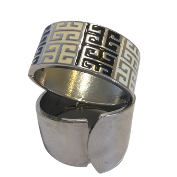 no brand Jewelry - SILVER TONE BRACELETS x 2 enamel cream black geo